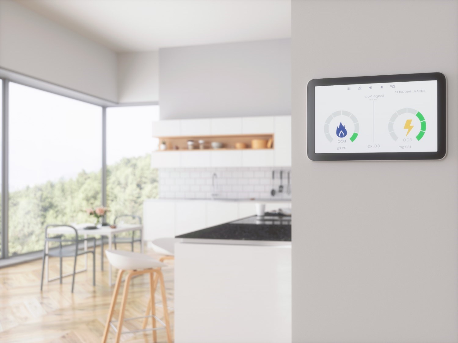An in-home display mounted on a kitchen wall
