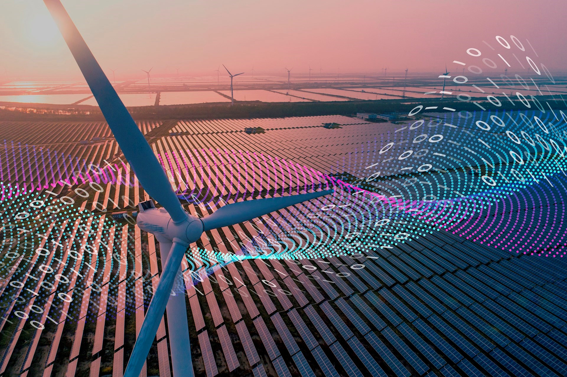 A wind turbine overlooking a field, enhanced with abstract digital symbols.