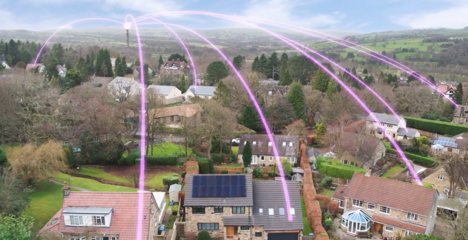 An image showing networked houses, symbolised by purple lines joining the houses together
